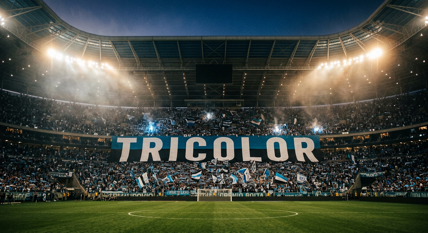Arena do Grêmio com torcida lotada e bandeiras tricolor